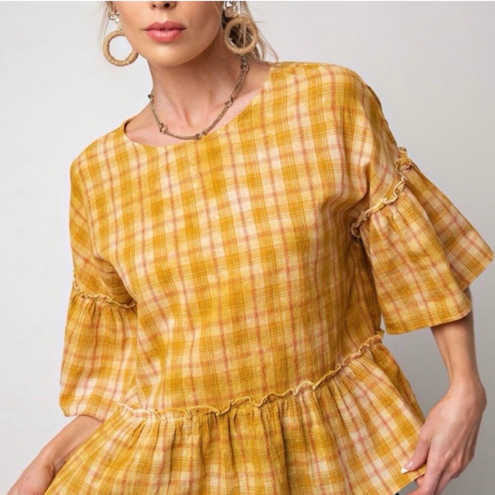 Women’s Mustard Plaid Peplum Blouse -  NWT